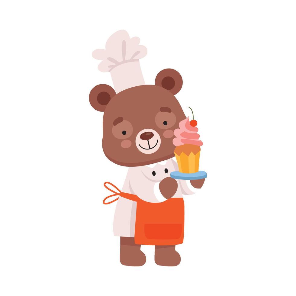 Smiling Bear Character Wearing Chef Uniform Holding Cake with Whipped Cream on the Tray Illustration vector