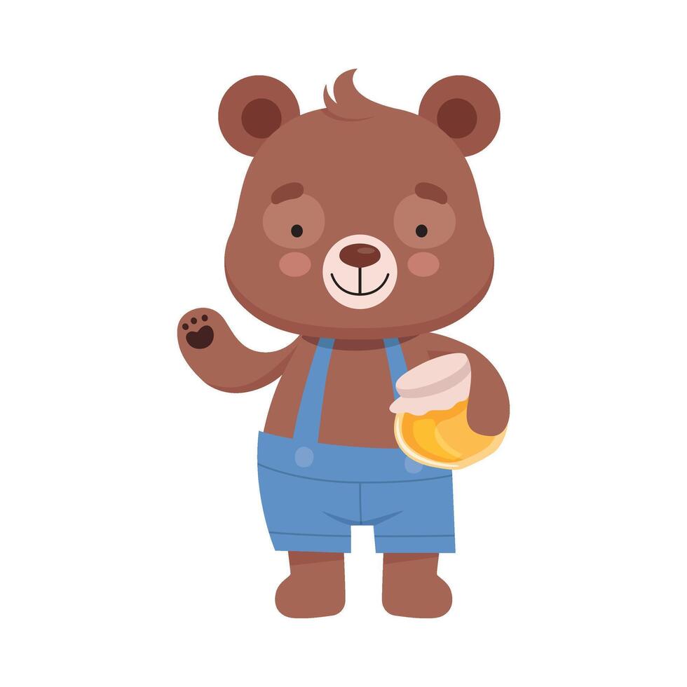 Smiling Bear Character Wearing Playsuit Holding Honey Jar in His Paws Illustration vector