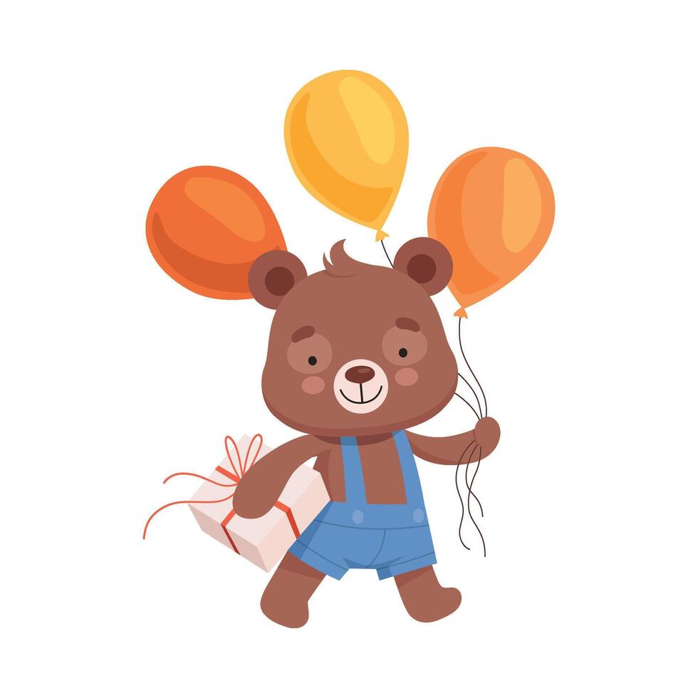 Smiling Bear Character in Playsuit Carrying Bunch of Balloons and Gift Box to Birthday Party Illustration vector