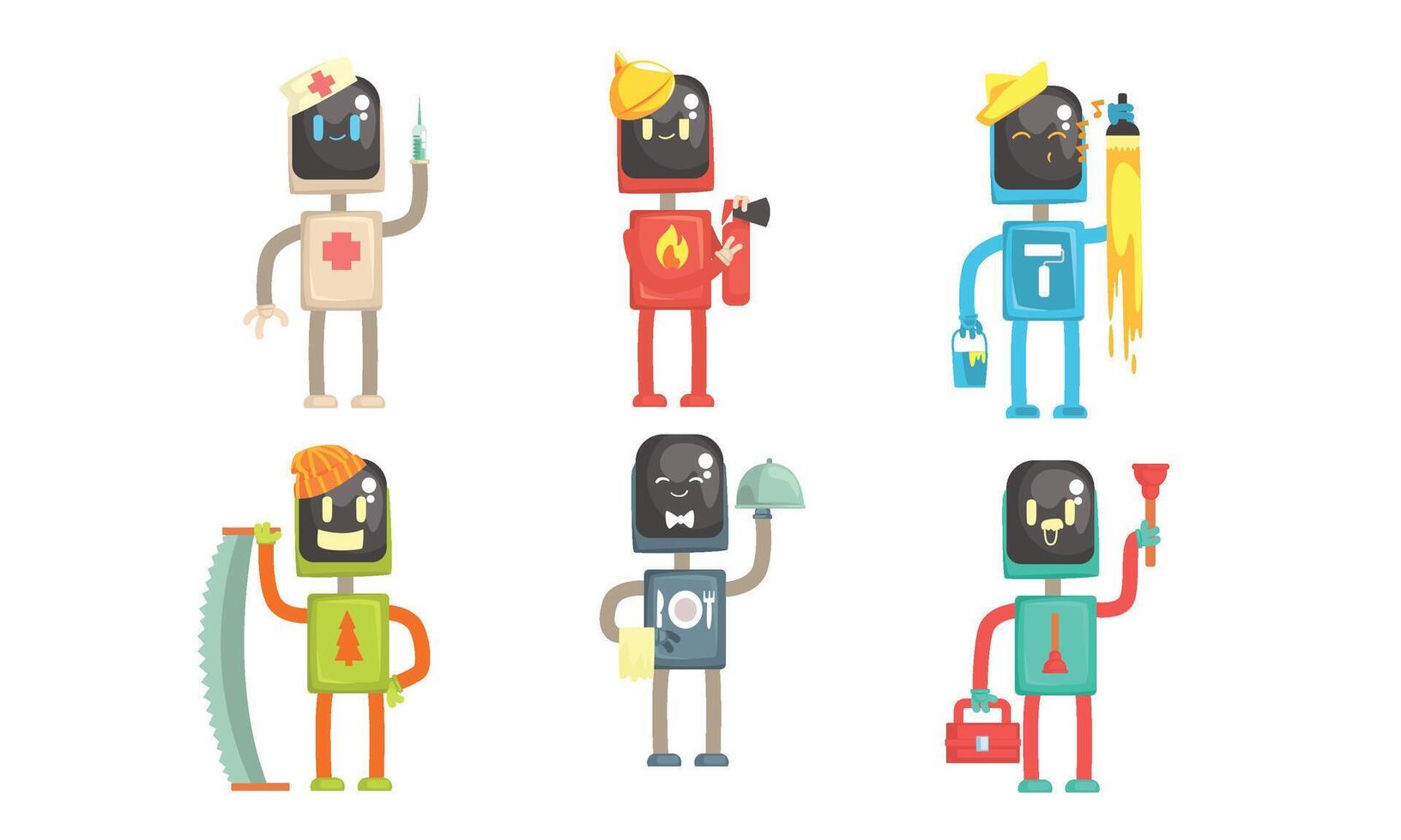 Robots of Different Professions Collection, Doctor, Fireman, Painter, Lumberjack, Waiter, Plumber Illustration vector