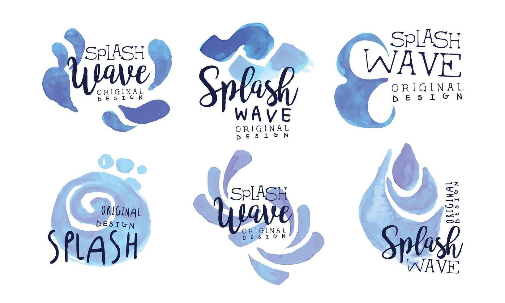Splash Wave Original Design Labels Collection, Watercolor Badges with Blue Water Drops Illustration vector