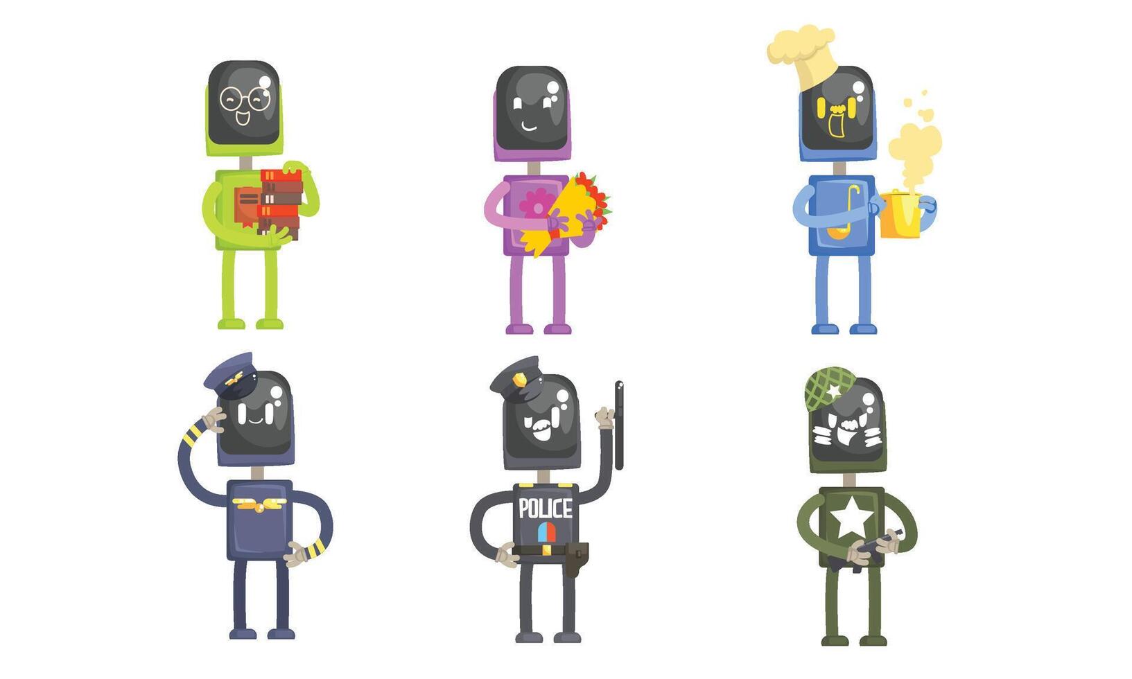 Robots of Different Professions Collection, Librarian, Florist, Cook, Pilot, Policeman, Soldier Illustration vector
