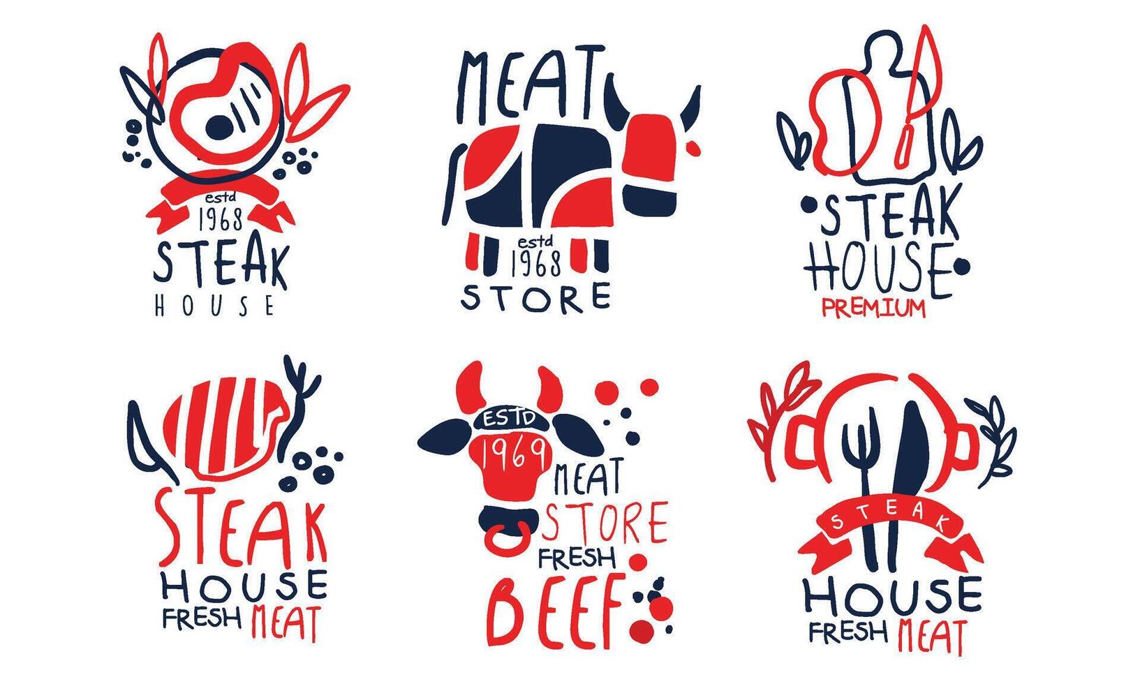 Steak House Labels Collection, Meat Store, Fresh Beef Premium Quality Retro Hand Drawn Badges Illustration vector