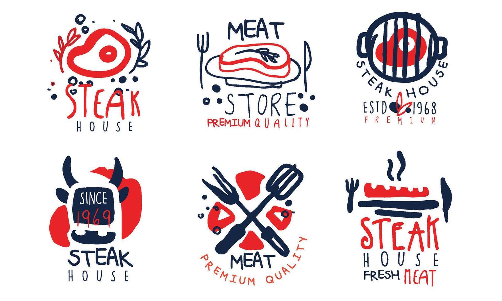 Steak House Labels Collection, Meat Store Premium Quality Retro Hand Drawn Badges Illustration vector