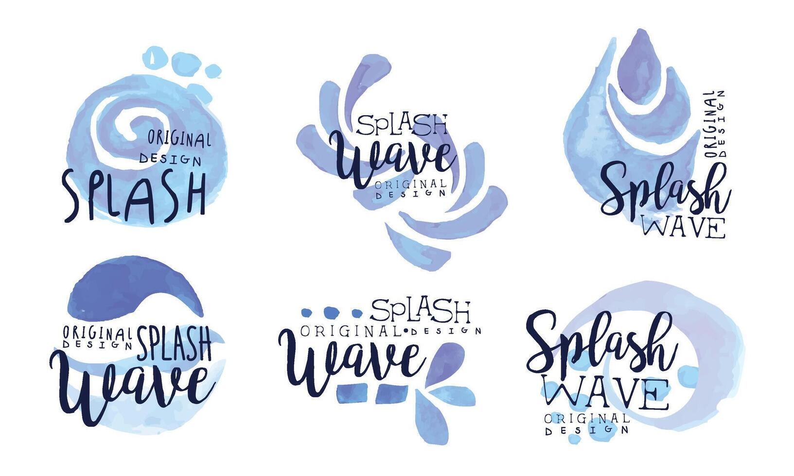Splash Wave Original Design Labels Collection, Watercolor Badges with Blue Water Splashes Illustration vector