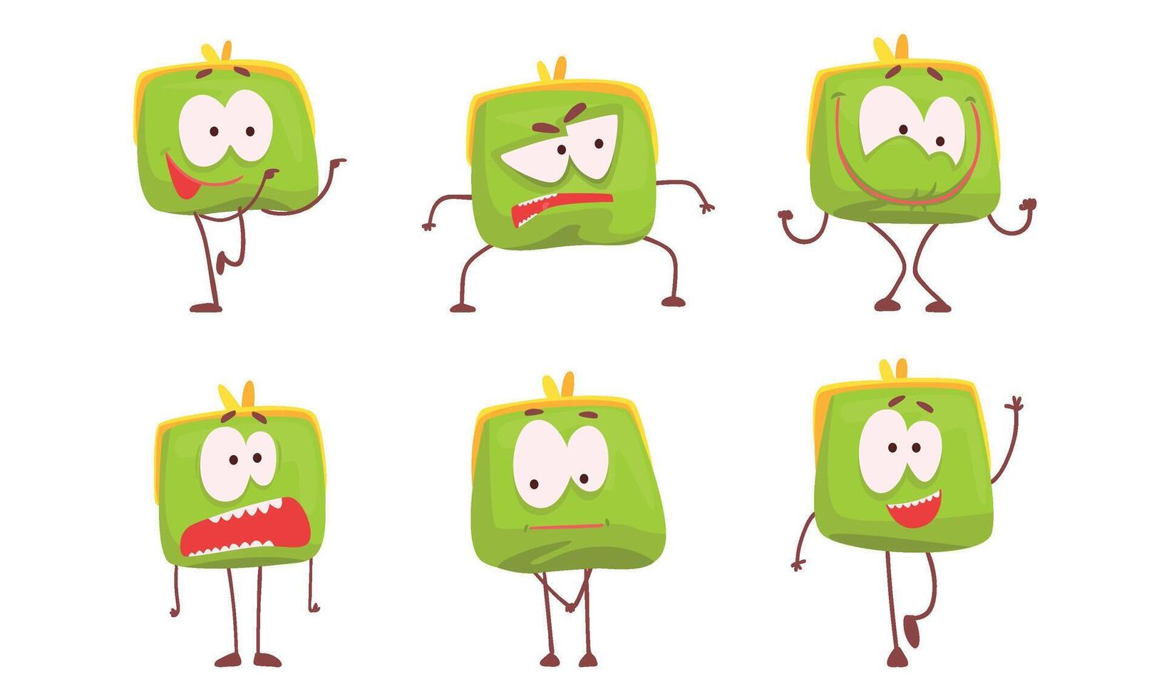 Funny Humanized Purse Collection, Green Wallet Cartoon Character with Various Emotions Illustration vector