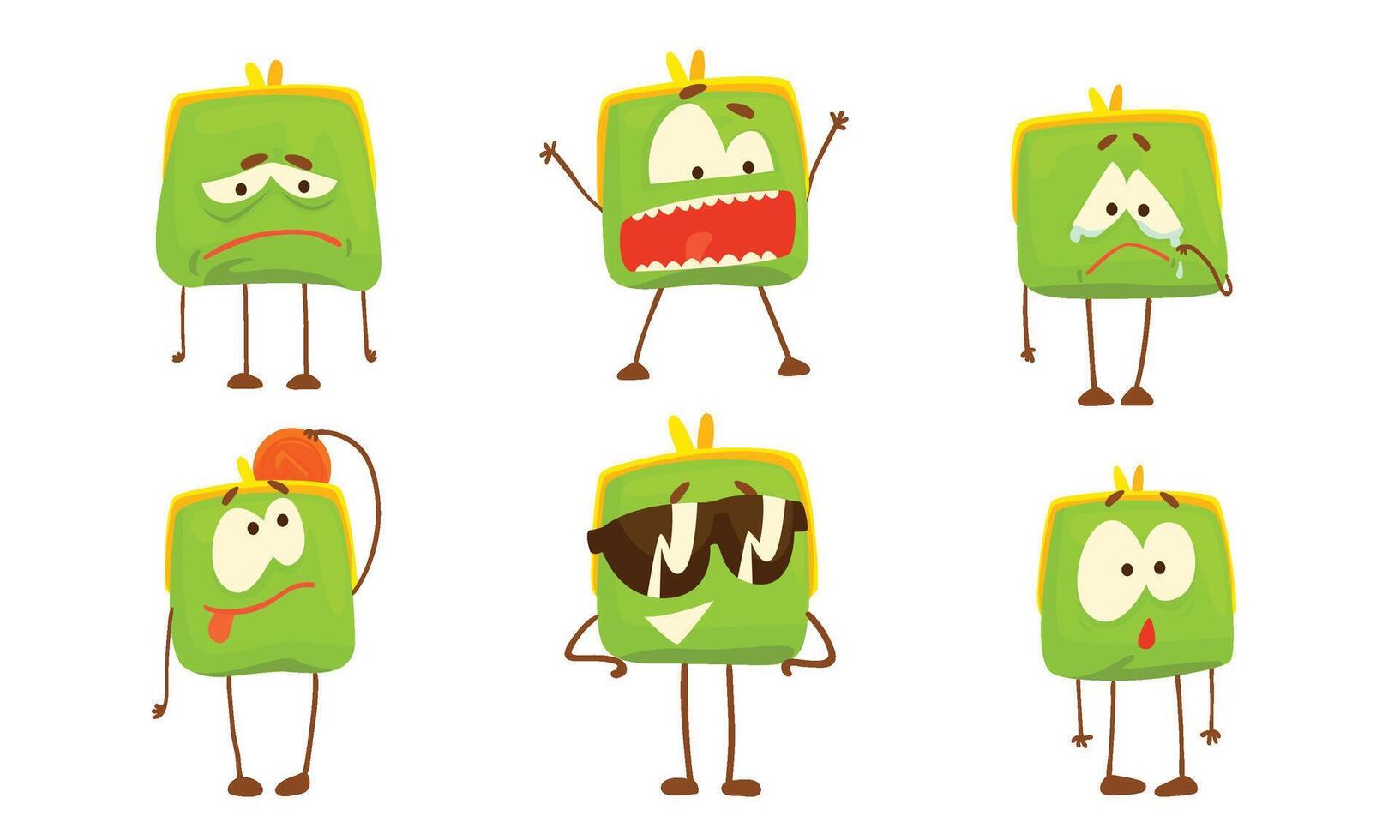 Green Humanized Purse Collection, Wallet Cartoon Character with Funny Faces and Various Emotions Illustration vector