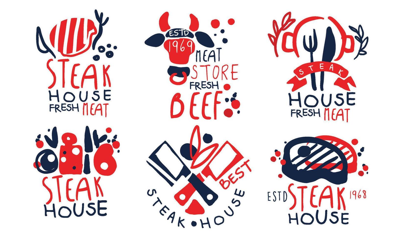 Steak House Premium Quality Labels Collection, Fresh Meat Store Retro Hand Drawn Badges Illustration vector