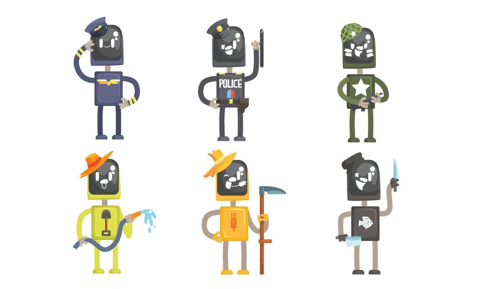 Robots of Different Professions Collection, Pilot, Policeman, Soldier, Gardener, Farmer, Butcher Illustration vector