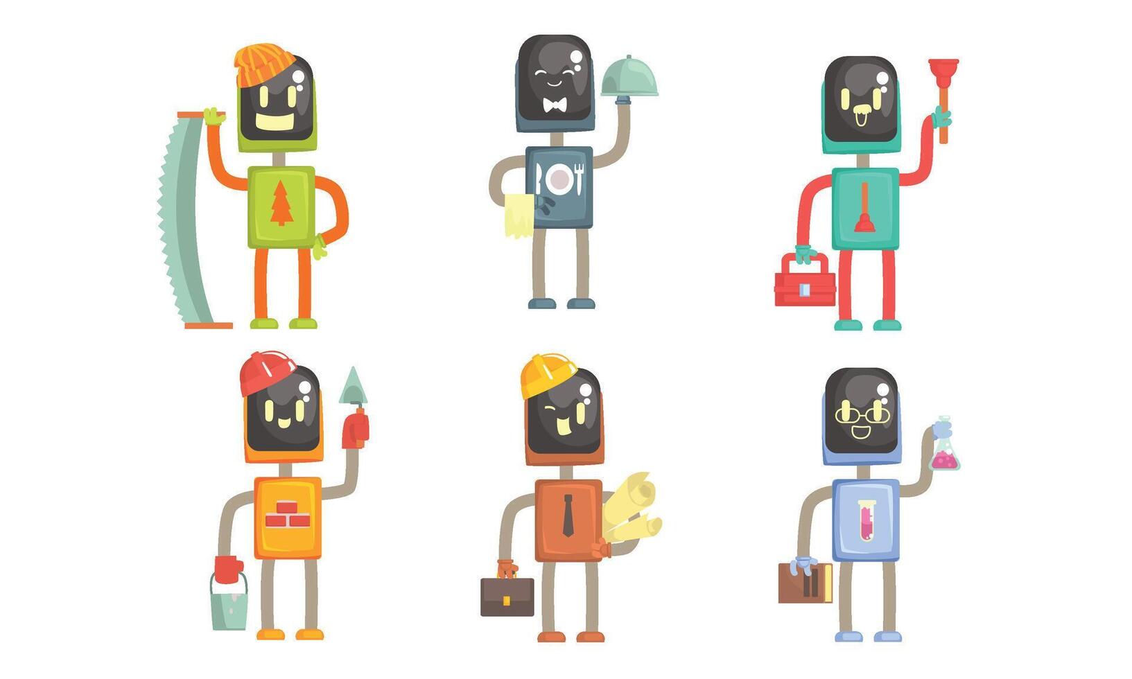 Robots of Different Professions Collection, Waiter, Lumberjack, Plumber, Builder, Engineer, Scientist Illustration vector