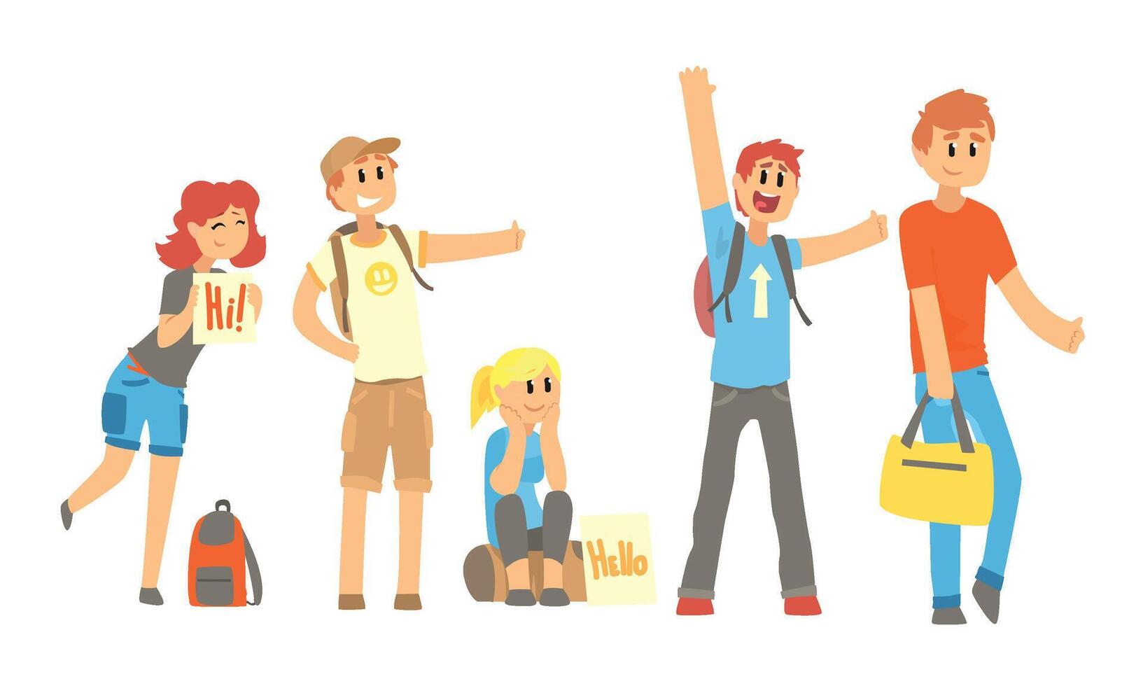 Young People Travelling by Autostop Collection, Male and Female Tourists Characters Hitchhiking and Catching a Car by Waving Hands Illustration vector