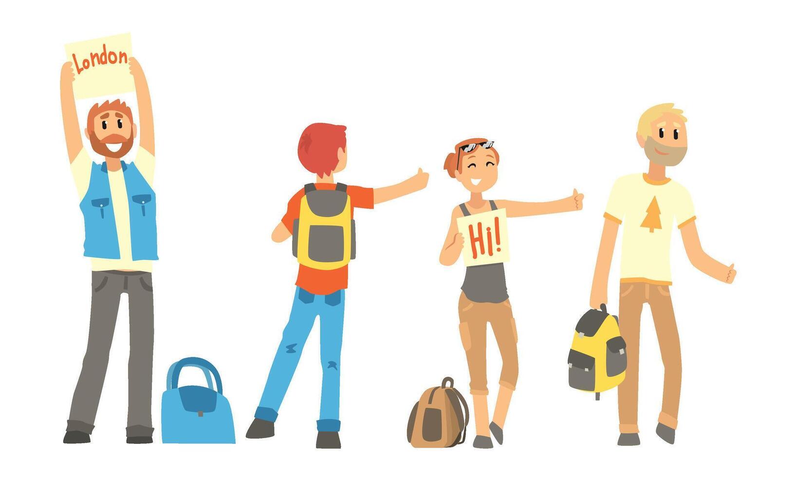 People Travelling by Autostop Collection, Male and Female Tourists Characters Hitchhiking and Catching a Car by Waving Hands Illustratio vector