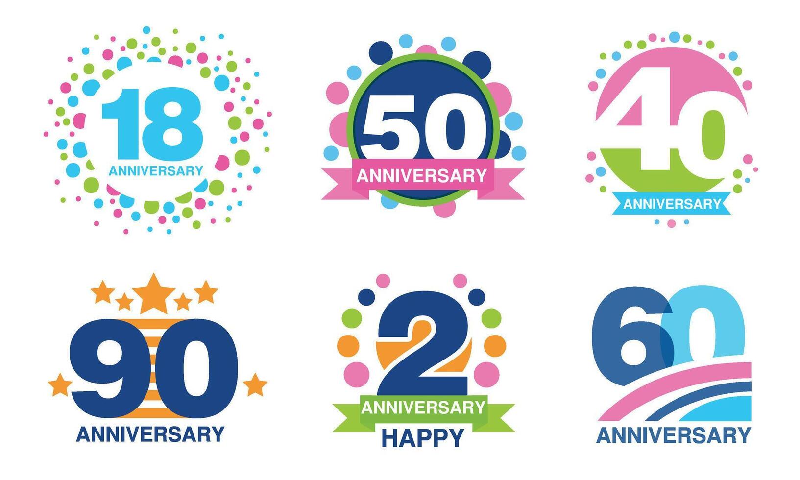 Colorful Anniversary Labels Collection, 18, 50, 40, 90, 2, 60 Years Celebration Badges Illustration vector