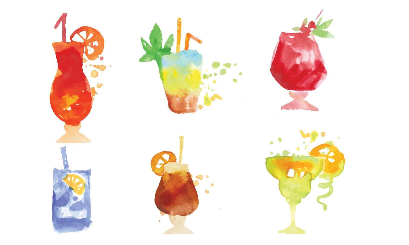 Colorful Cocktails Collection, Summer Alcoholic Drinks Watercolor Hand Drawn Illustration vector