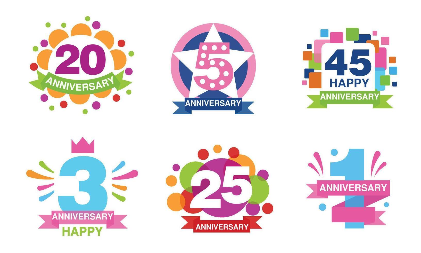 Colorful Anniversary Labels Collection, 20, 5, 45, 3, 25, 1 Years Celebration Badges Illustration vector