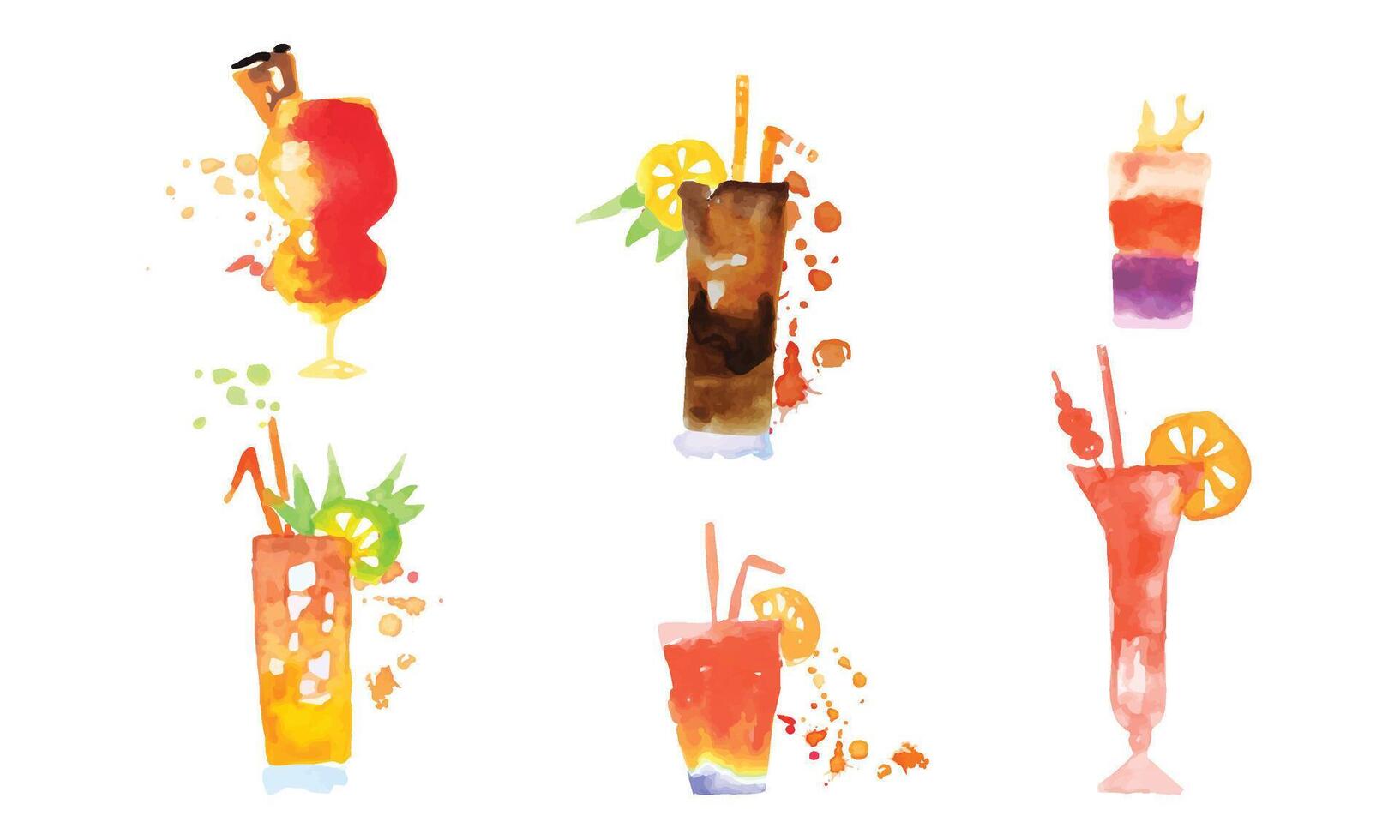 Cocktails Collection, Colorful Alcoholic Drinks Watercolor Hand Drawn Illustration vector