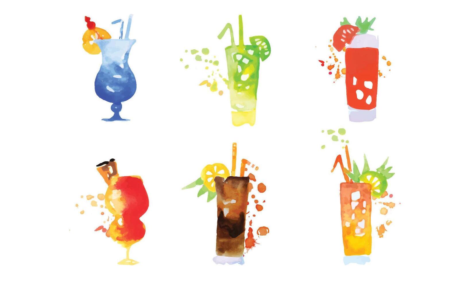 Cocktails Collection, Colorful Summer Alcoholic Drinks Watercolor Hand Drawn Illustration vector