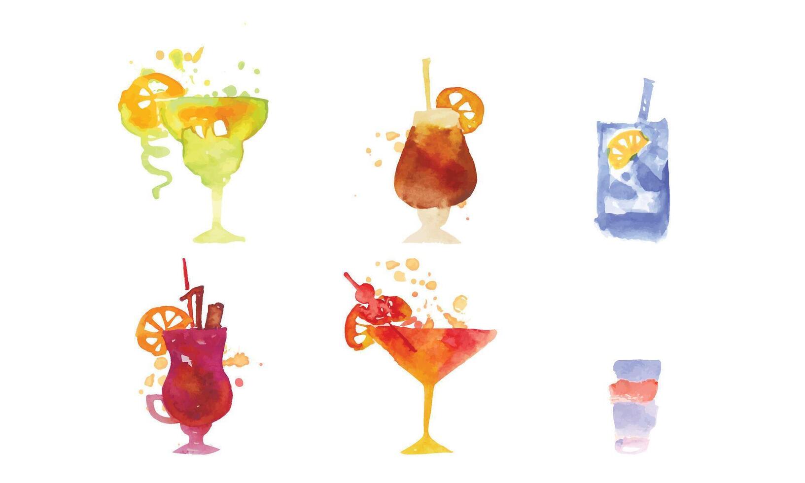 Cocktails Collection, Alcoholic Drinks Watercolor Hand Drawn Illustration vector