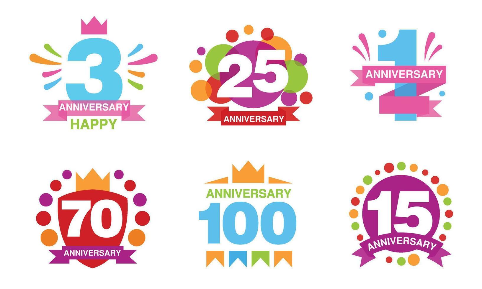 Colorful Anniversary Labels Collection, 3, 25, 1, 70, 100, 15 Years Celebration Badges Illustration vector