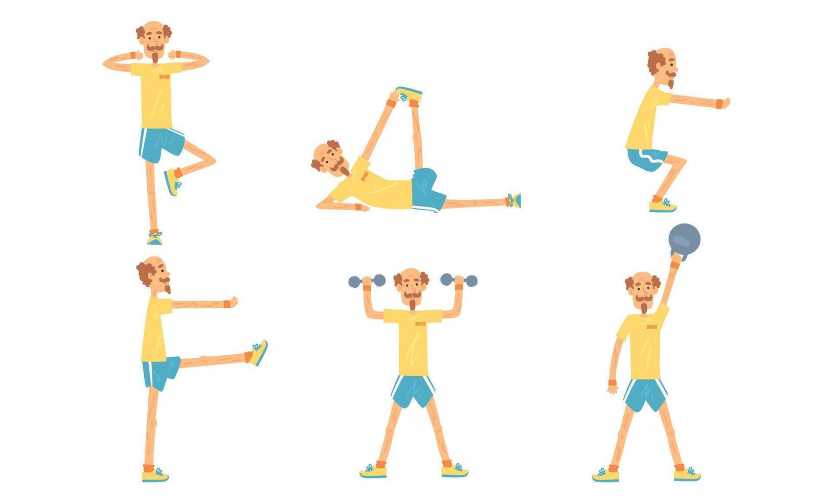 Mature Man Doing Morning Exercises Collection, Active Healthy Workout of Aged Person, People Engaged in Sports Illustration vector