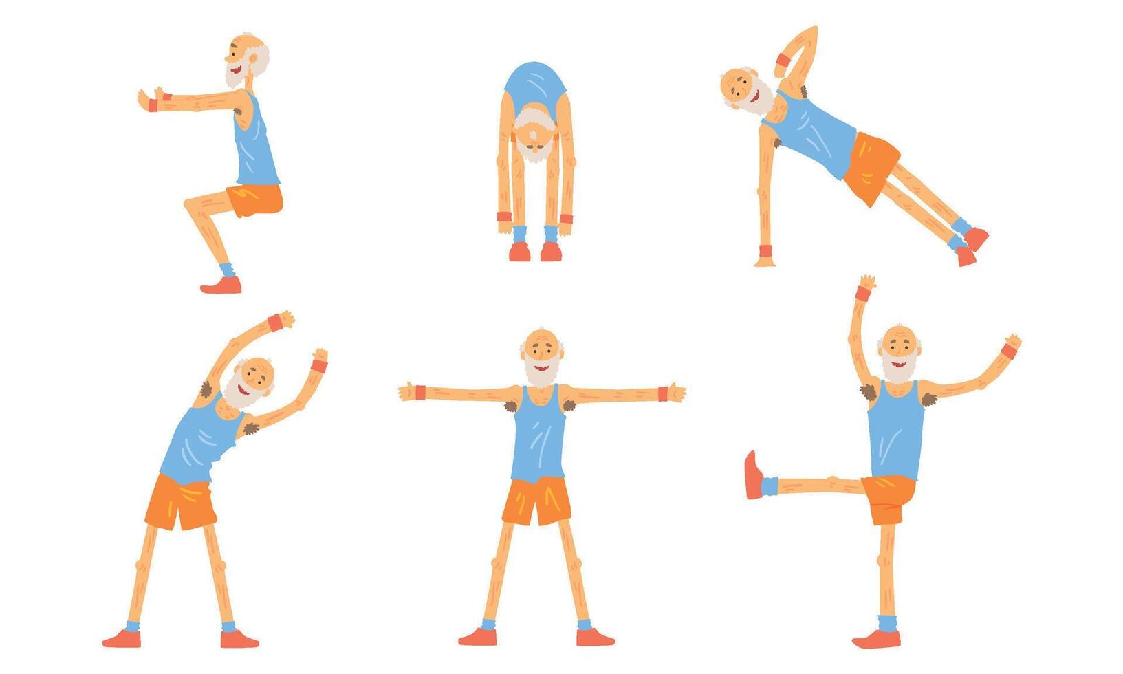 Senior Man Doing Morning Exercises Collection, Active Healthy Workout of Aged Person, People Engaged in Sports Illustration vector