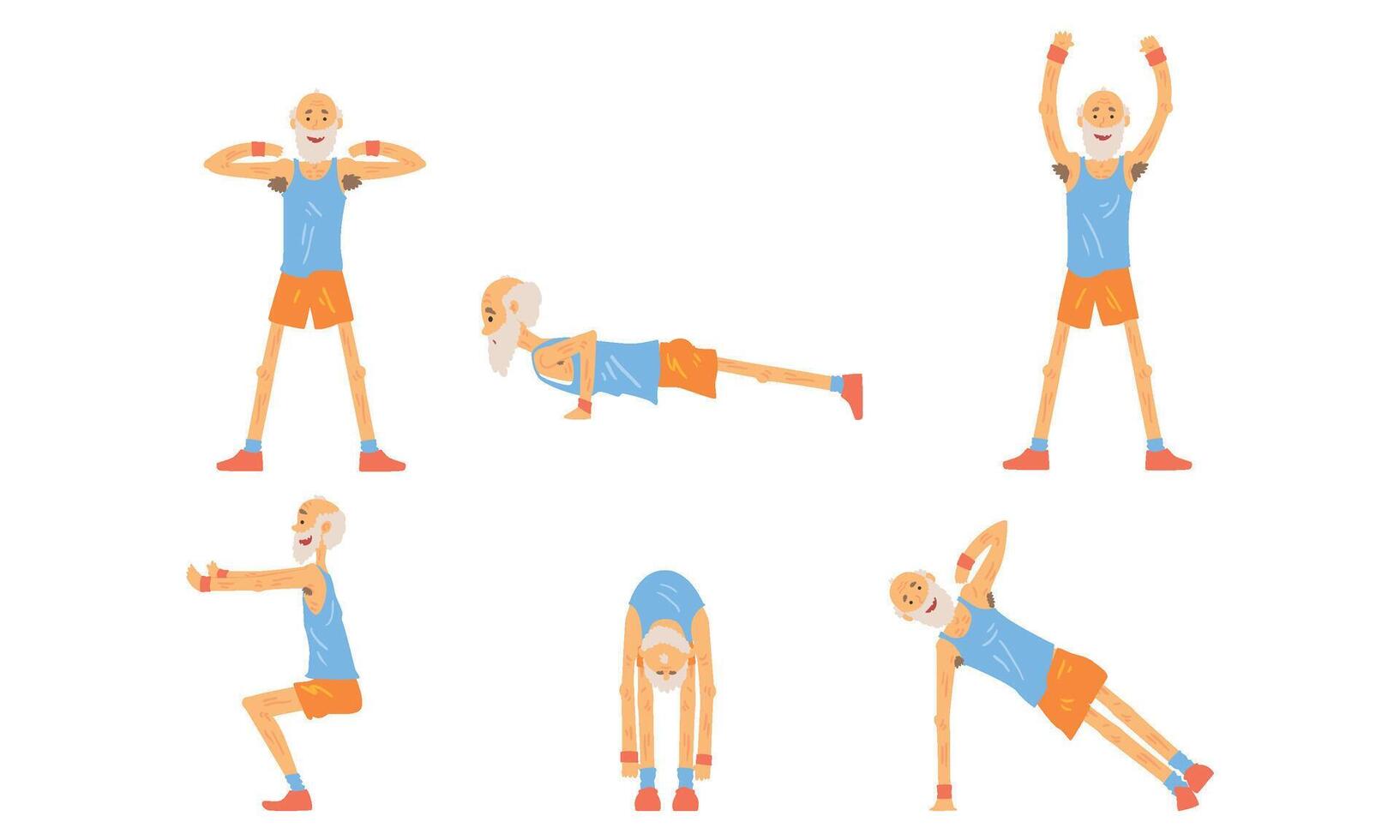 Cheerful Senior Man Doing Morning Exercises Collection, Active Healthy Workout of Aged People Illustration vector
