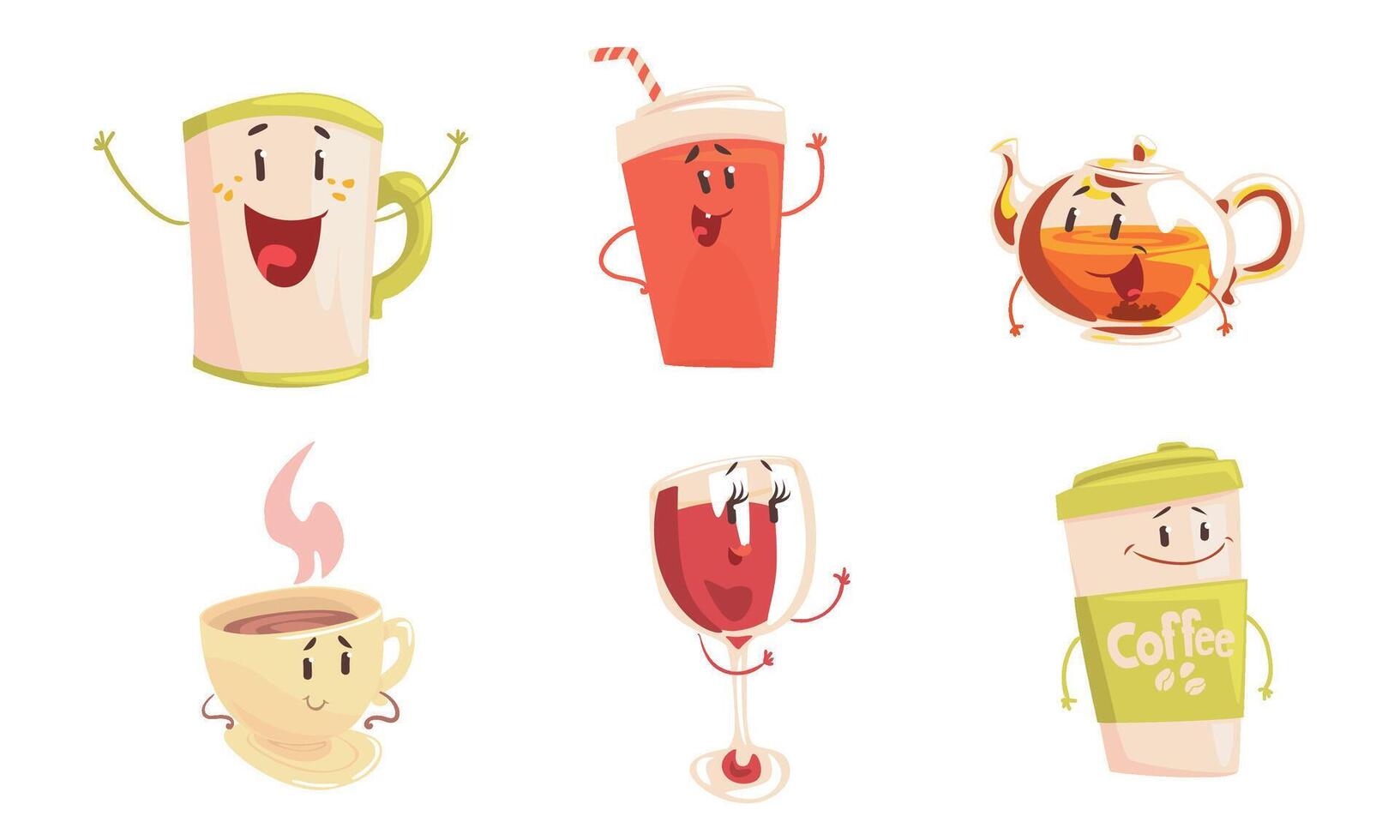 Funny Drinks Cartoon Characters Collection, Cola, Tea, Coffee Cup, Wine Glass Cute Beverages, Cafe, Restaurant Menu Design Element Illustration vector