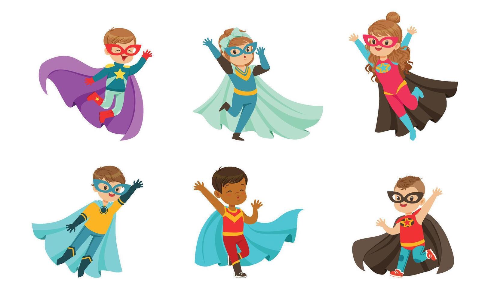 Adorable Kid Superheroes Collection, Cute Little Boys and Girls Wearing Colorful Comics Costumes and Masks, Birthday Party, Festival Design Element Illustration vector