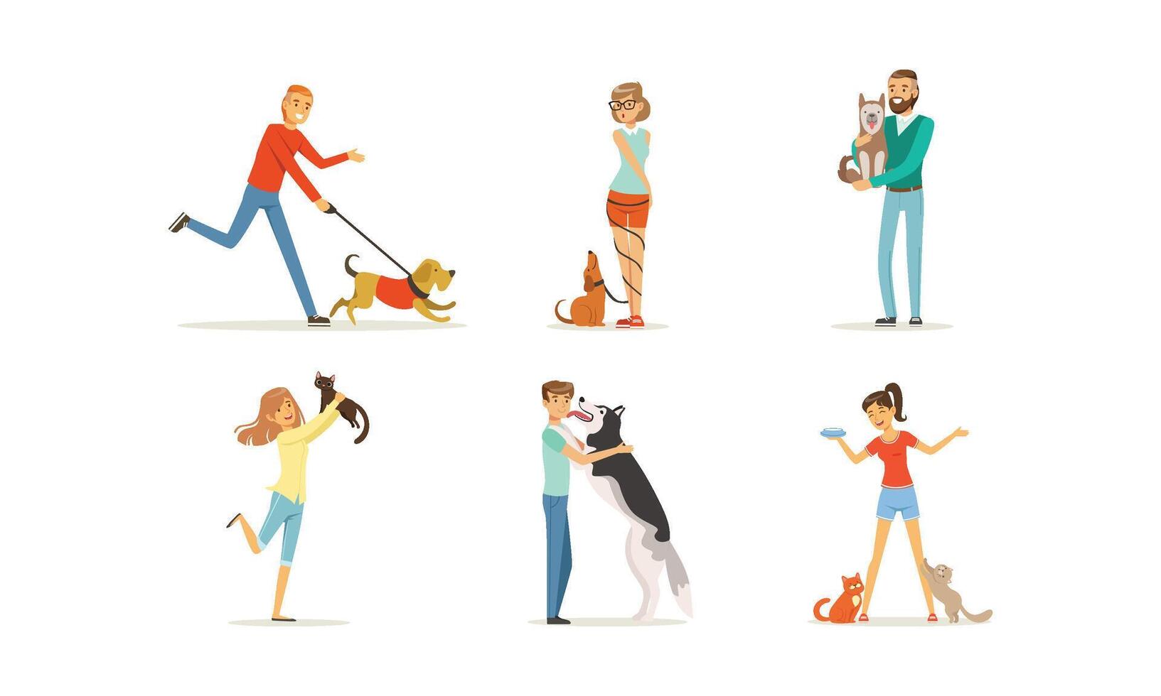 People with Their Pets, Men and Women Characters Training and Playing their Dogs and Cats Pet Animals Illustration vector