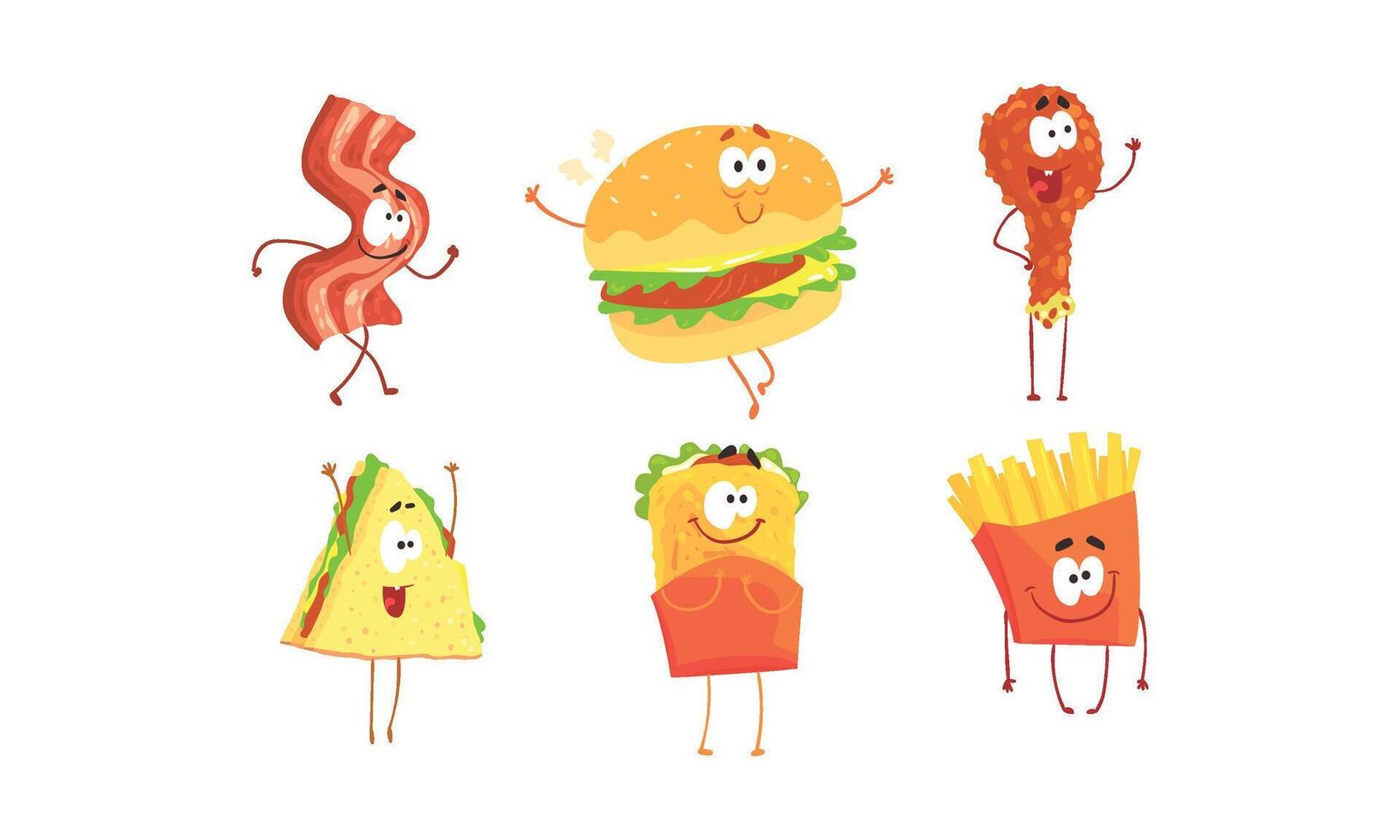 Funny Fast Food Cartoon Characters Collection, Ham Slice, Burger, Fried Chicken Drumstick, Shawarma, Sandwich, French Fries, Cafe or Restaurant Menu Design Element Illustration vector