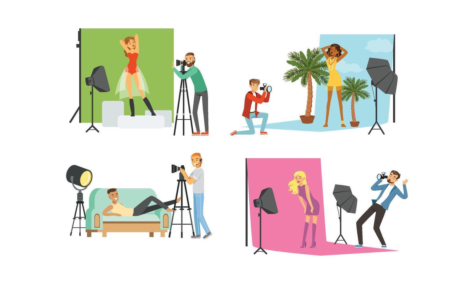 Photo Studio Collection, Male Photographers Taking Pictures of Models Posing for Photos with Professional Equipment Illustration vector