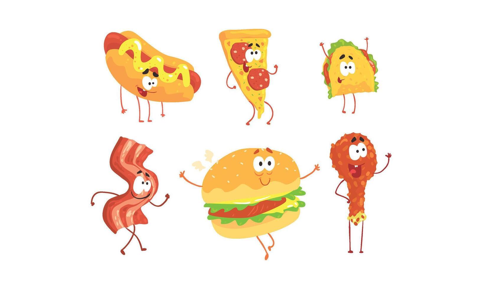 Funny Fast Food Cartoon Characters Collection, Hot Dog, Pizza, Tako, Ham Slice, Burger, Fried Chicken Drumstick, Cafe or Restaurant Menu Design Element Illustration vector