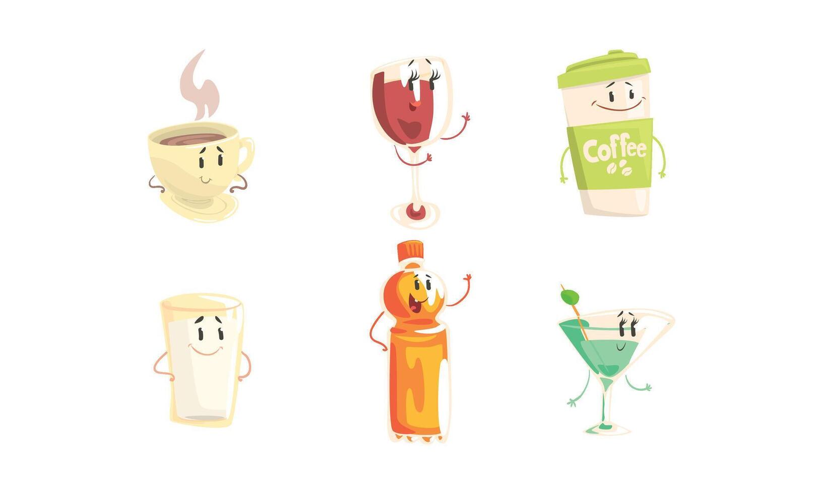 Funny Drinks Cartoon Characters Collection, Tea and Coffee Cup, Glass of Wine, Martini and Milk, Bottle of Juice Cute Beverages, Cafe, Restaurant Menu Design Element Illustration vector