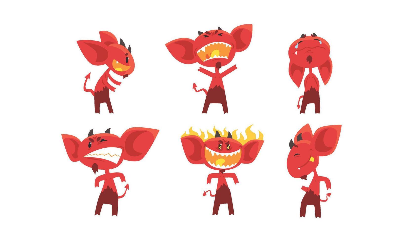 Cute Red Devil with Various Emotions and Actions Collection, Funny Demon Cartoon Character with Horns and Tail Illustration vector