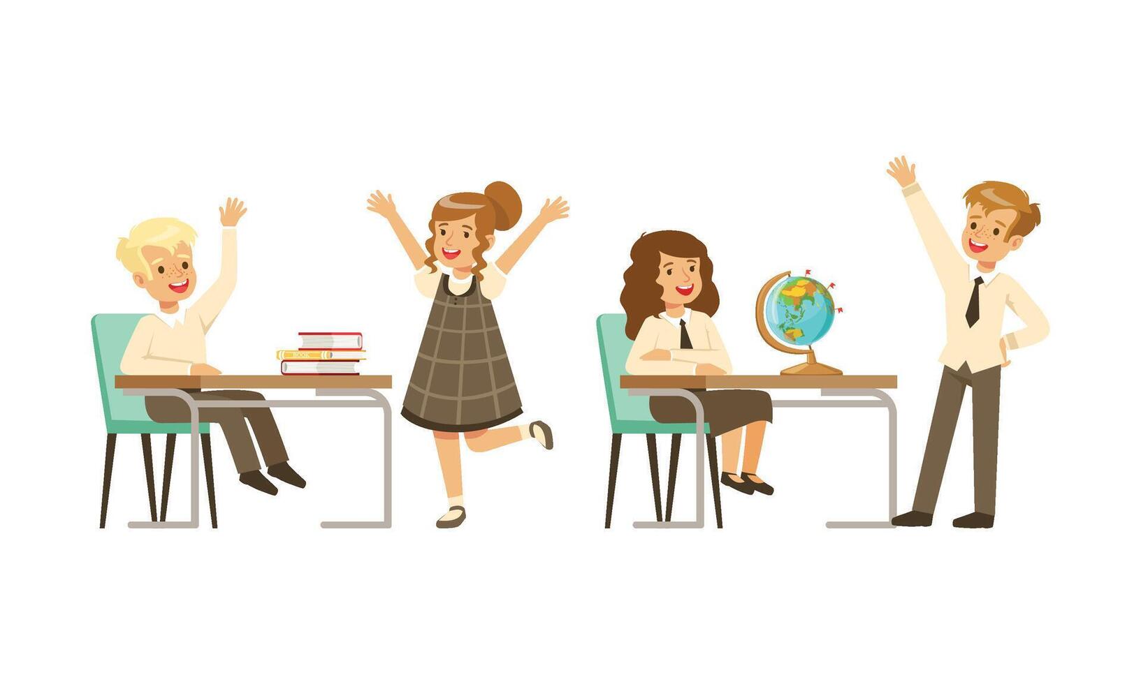 Cute School Children in Uniform Collection, Happy Schoolboys and Schoolgirls Cartoon Characters in Classroom Illustration vector