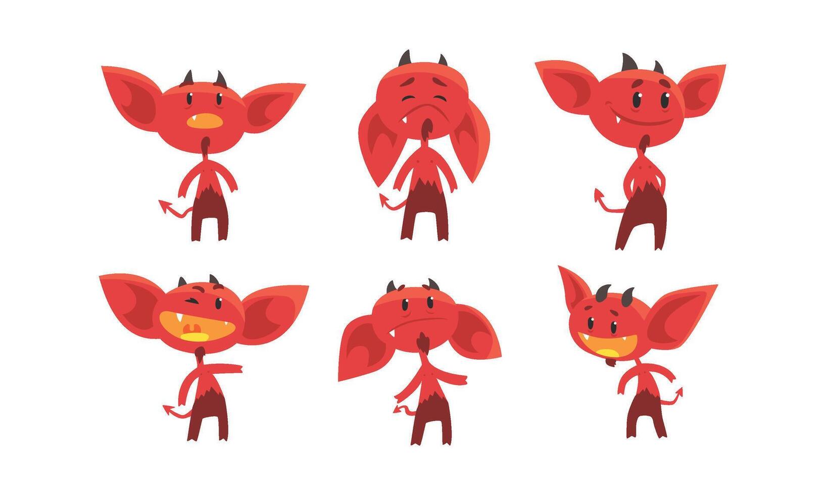 Cute Red Devil with Various Emotions and Actions Collection, Funny Demon Cartoon Character Illustration vector