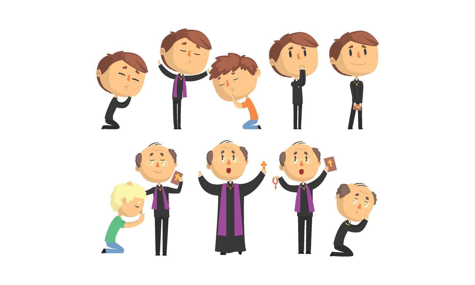 Man Priests Characters Collection, Catholic Preachers Blessing, Praying, Giving Speech Illustration vector