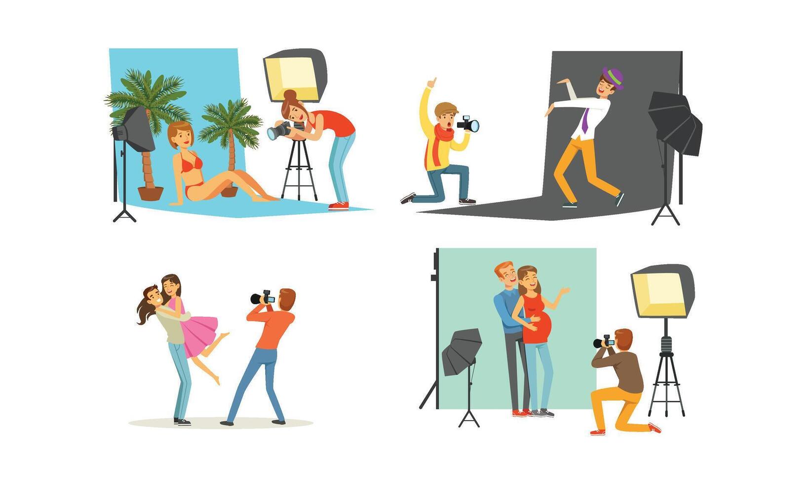 Photo Studio Collection, Male Photographers Taking Pictures of Models, Couples in Love with Professional Equipment Illustration vector