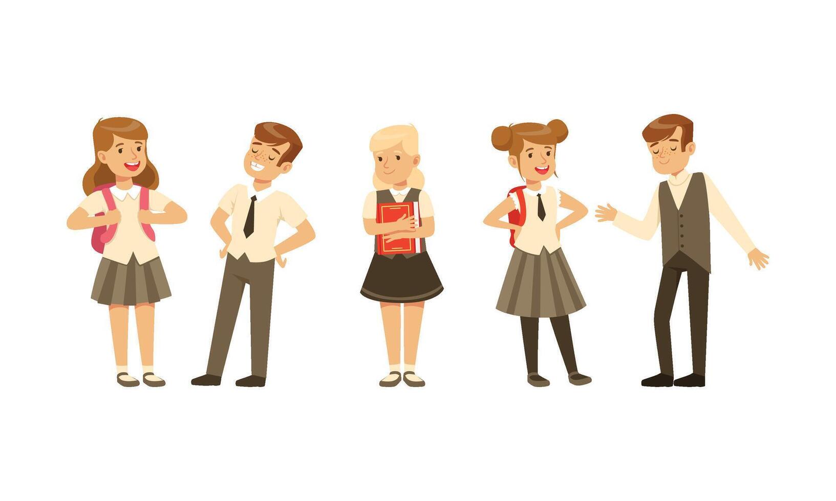 Cute School Students in Uniform with Backpacks Collection, Happy Schoolboys and Schoolgirls Cartoon Characters Illustration vector