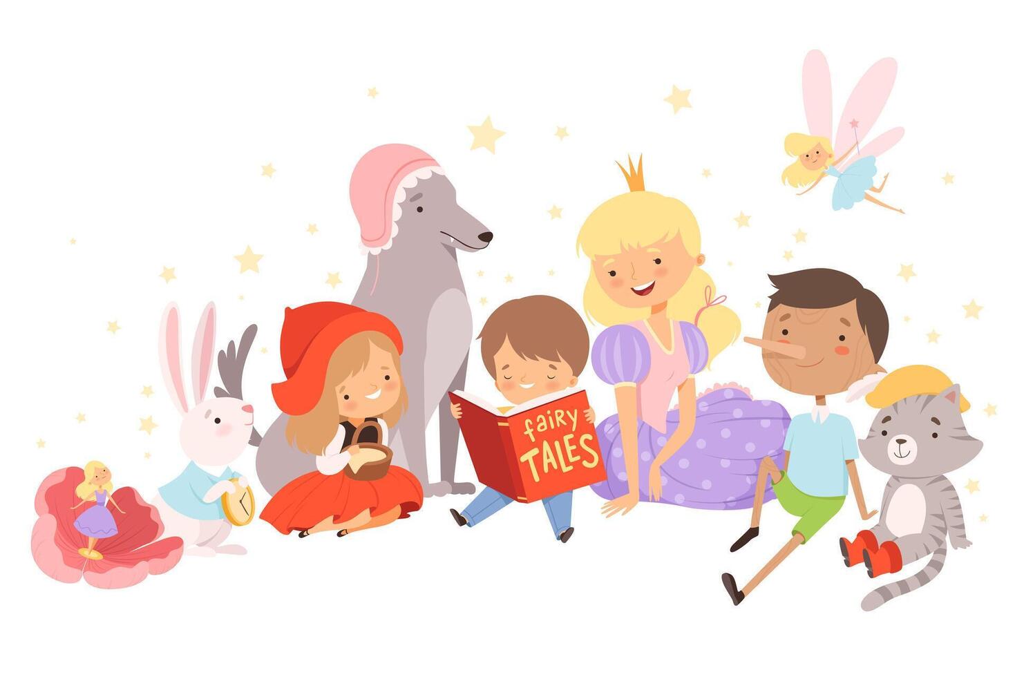 Little Boy Holding Opened Book Reading Fairy Tale with Fairy-tale Characters Sitting Behind Him Illustration vector