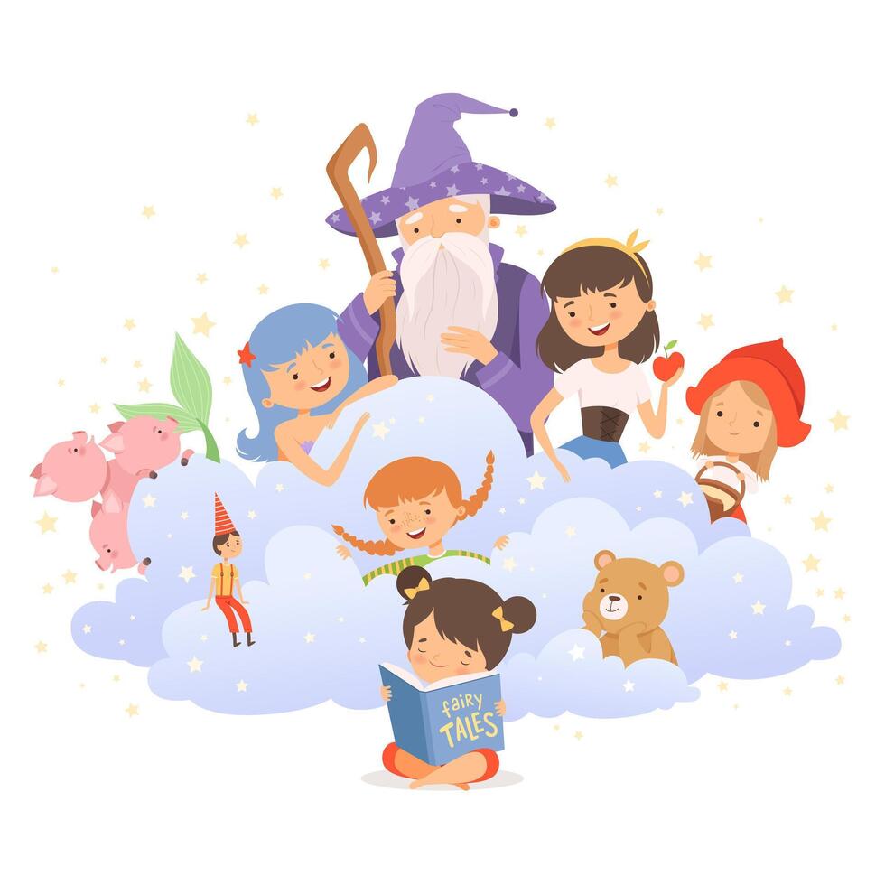 Little Girl Holding Opened Book Reading Fairy Tale with Fairy-tale Characters Sitting Behind Her Illustration vector