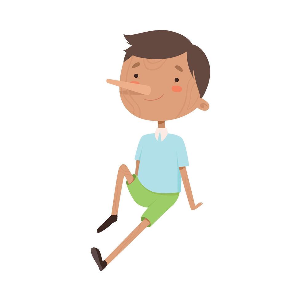 Pinocchio Character with Wooden Body and Long Pointed Nose Illustration vector