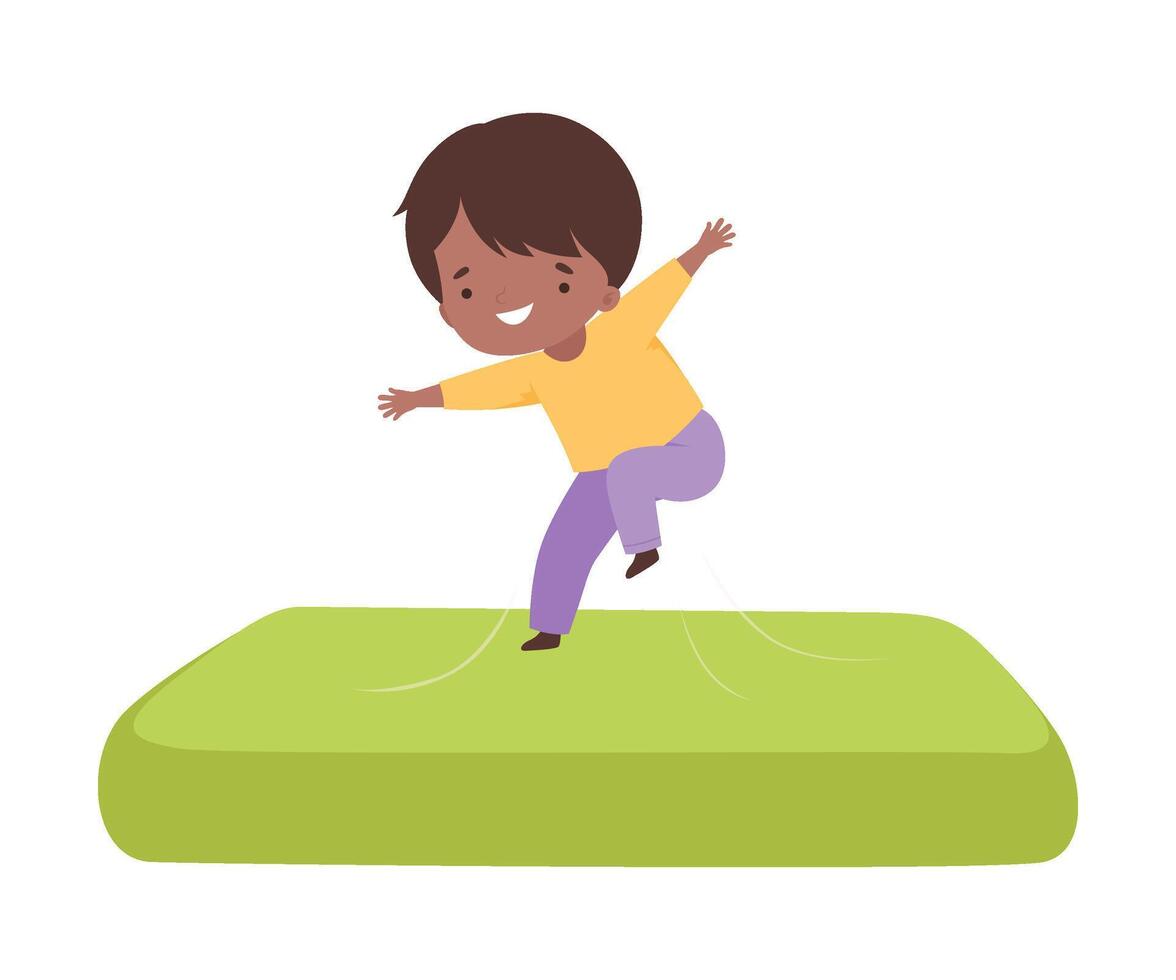Cute Boy Bouncing on an Inflatable Trampoline, Happy Kid Trampolining and Having Fun, Active Children Leisure Illustration vector