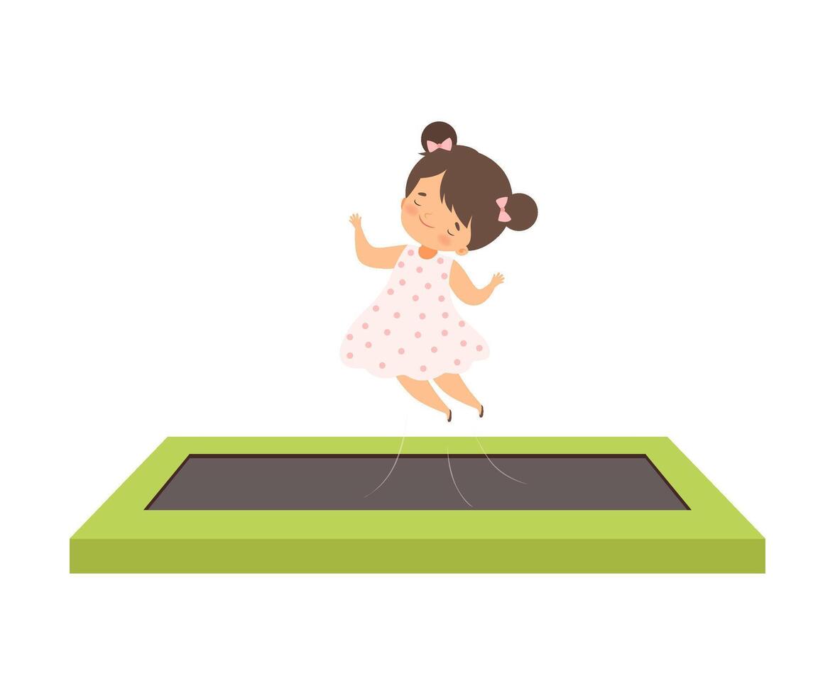 Cute Girl Bouncing on a Trampoline, Happy Kid Trampolining on a Playground, Active Children Leisure Illustration vector