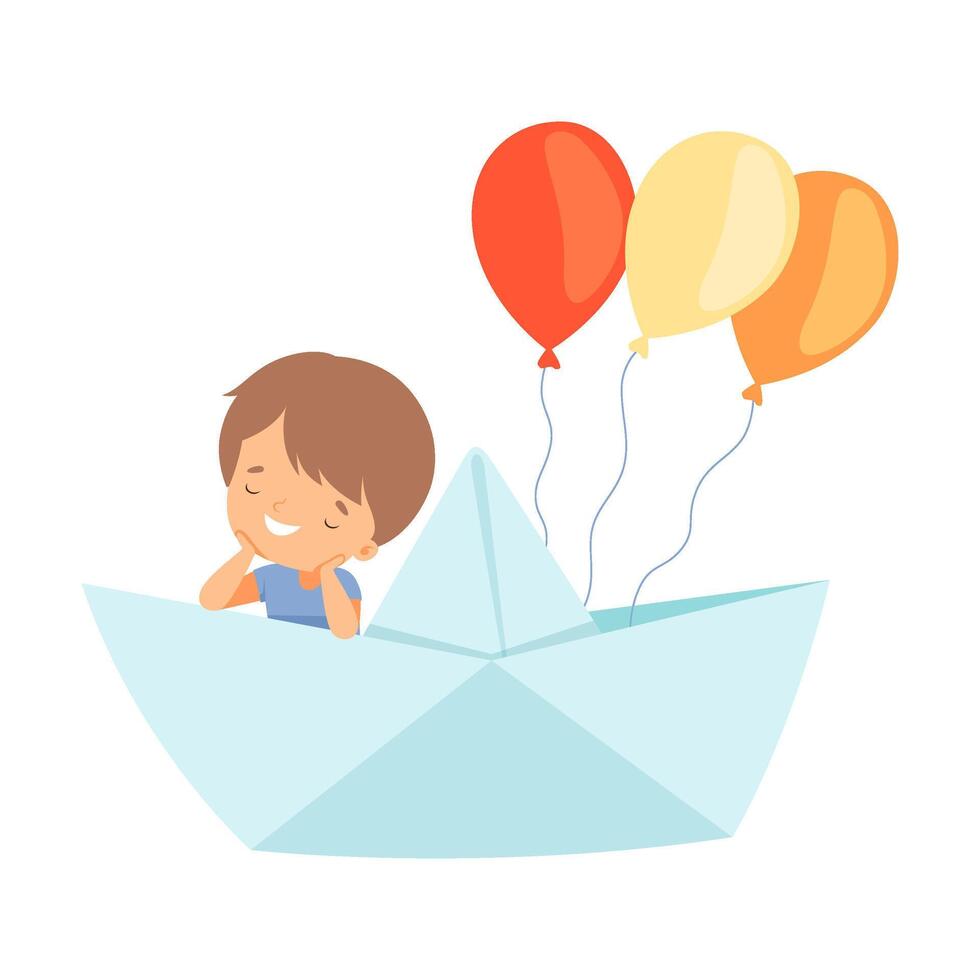 Cute Little Boy Sailing on a Paper Boat with Colorful Balloons Illustration vector