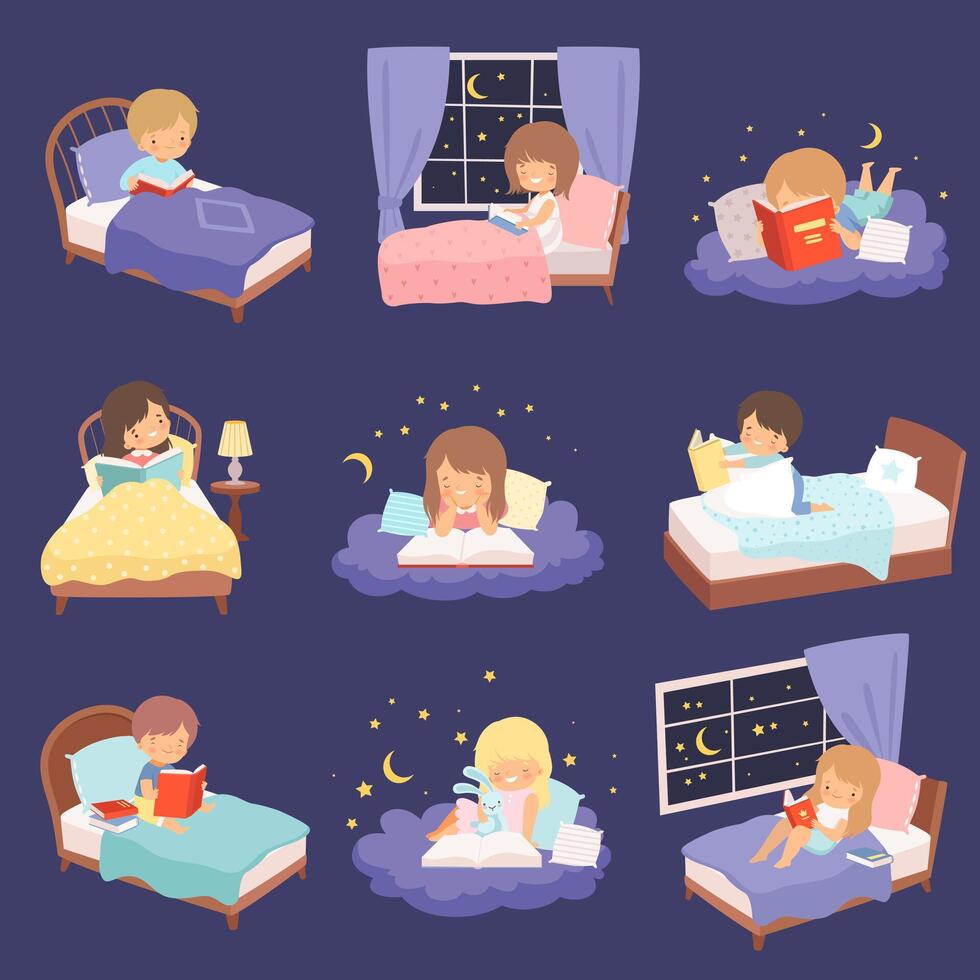 Cute Blonde Little Girl Lying on Clouds and their Beds at Night and Reading Bedtime Stories Collection Cartoon Illustration vector