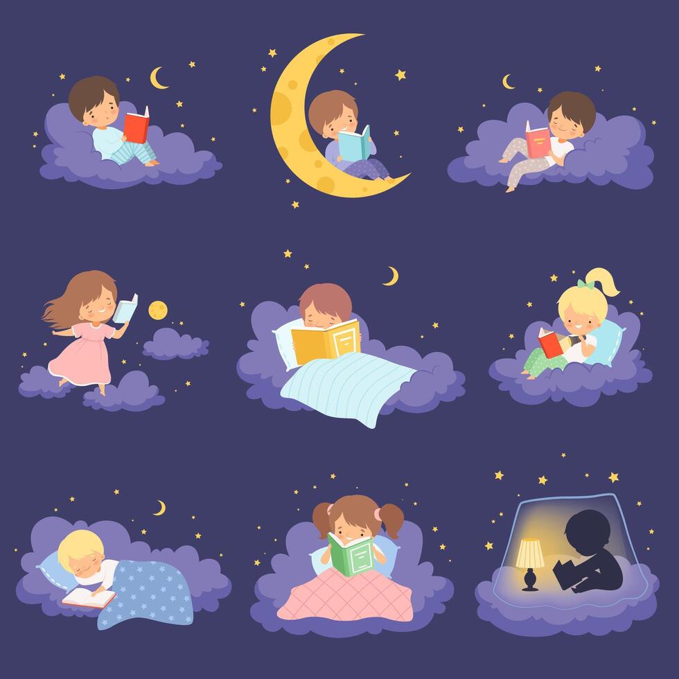 Cute Blonde Little Girl Sitting and Lying on Clouds at Night and Reading Books Collection Illustration vector