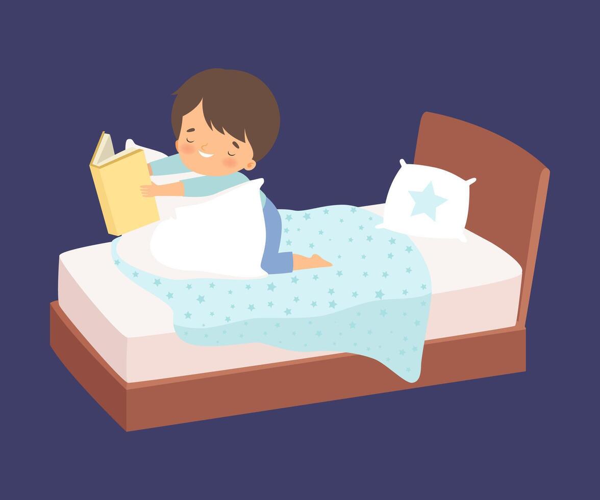 Cute Little Boy Reading a Bedtime Story in the Bed at Night Illustration vector