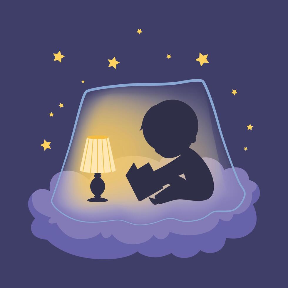 Silhouette of Cute Little Boy Sitting on a Cloud and Reading a Book Illustration vector