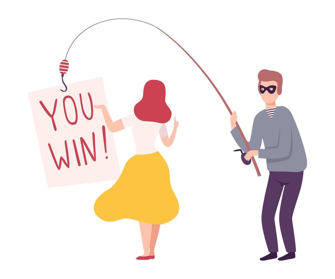 Masked Thief with Fishing Rod Stealing Money, Privacy Data, Internet Fishing Attack, Cyber Internet Security, Illustration vector